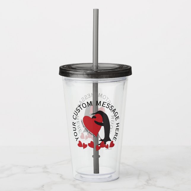 Vaso Acrílico ¡Te Quiero Más! Pingüino y Corazón Rojo (Anverso)