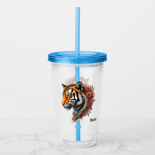 Vaso Acrílico Tigre de vapor con Ilustracion de Rosas. (Anverso)