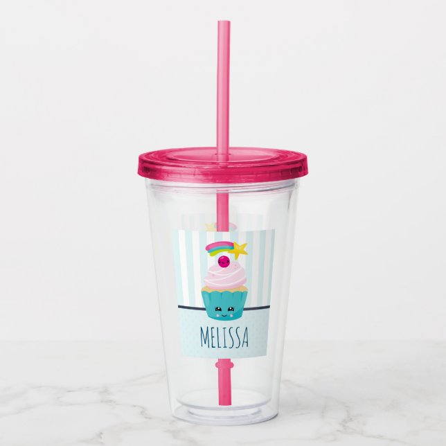Vaso Acrílico Torta azul dulce con cara de Kawaii (Anverso)