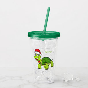 Vaso Acrílico Tortuga alegre lindo con sombrero de Santa