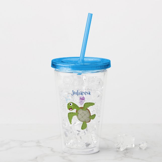 Vaso Acrílico Tortuga marina verde suave feliz ilustracion perso (Reverso (hielo))
