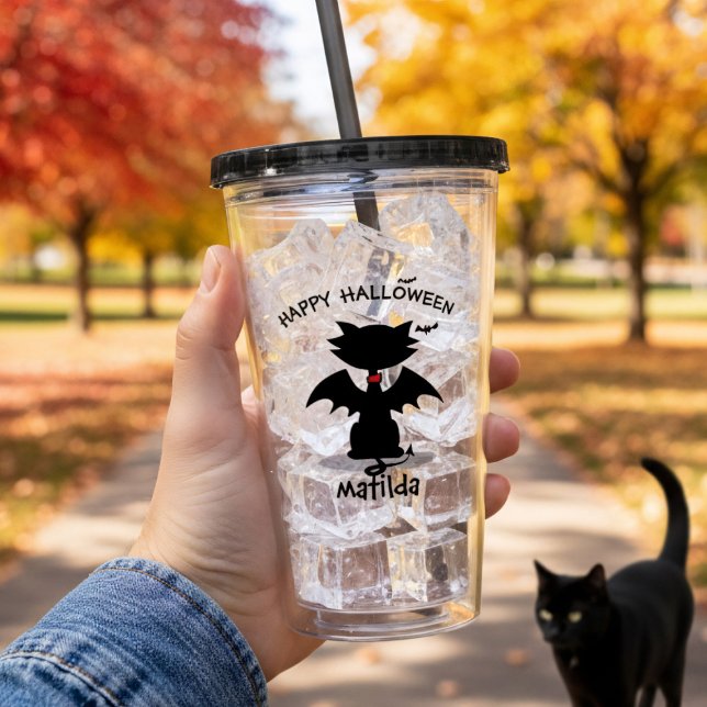 Vaso Acrílico Tumbler acrílico de gatos negros de Halloween (Happy Halloween from the black cat! Add your name to this cute acrylic tumbler)