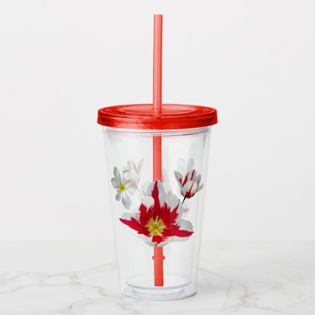 Vaso Acrílico Tumbler acrílico de tulipanes rojos y blancos (Anverso)