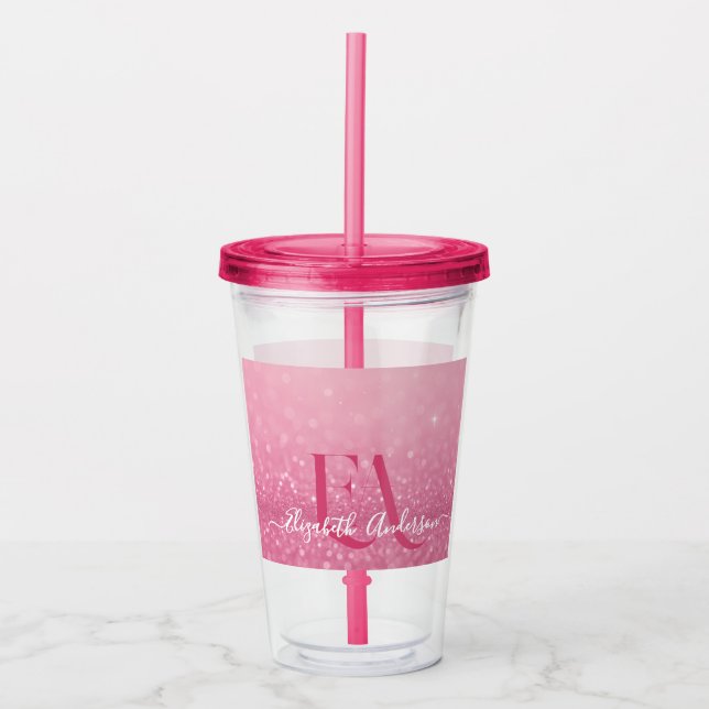 Vaso Acrílico Tumbler acrílico Purpurina rosa con nombre e inici (Anverso)
