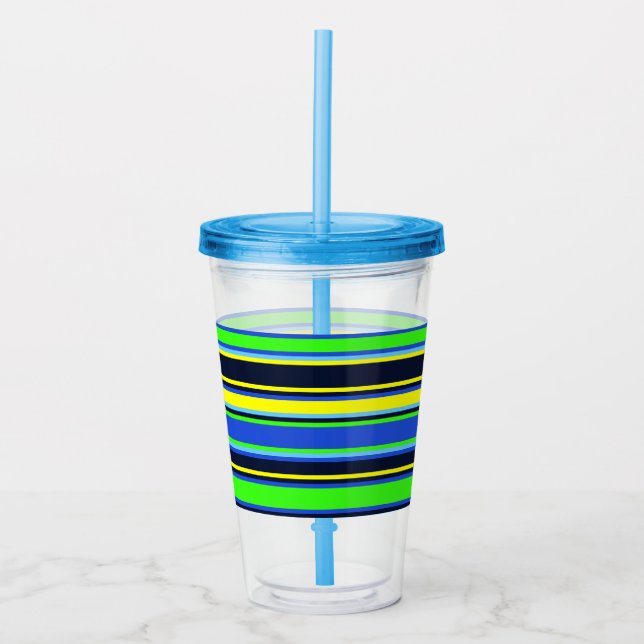Vaso Acrílico Tumbler acrílico rayado azul, limón y amarillo (Anverso)