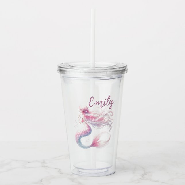 Vaso Acrílico Tumbler de sirena rosa Pastel personalizado (Anverso)
