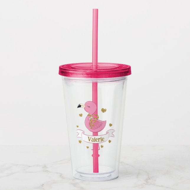 Vaso Acrílico Tumbler Flamingo Rosa con nombre personalizado (Anverso)