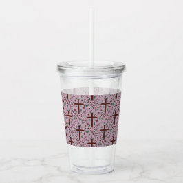 Vaso Acrílico Tumbler transparente con cruz cuaresmal y rosas di
