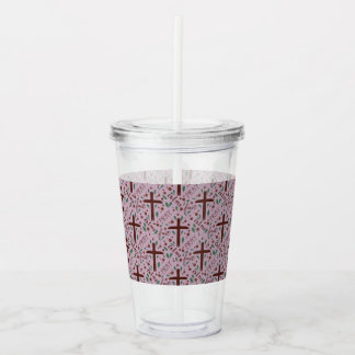 Vaso Acrílico Tumbler transparente con cruz cuaresmal y rosas di