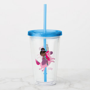 Vaso Acrílico Un Chica moreno y negro viajando en unicornio