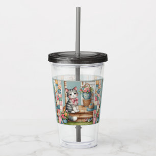 Vaso Acrílico Un gato lindo en un porche con flores y trineo