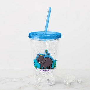 Vaso Acrílico Un gracioso hipopótamo con personalizado de pájaro