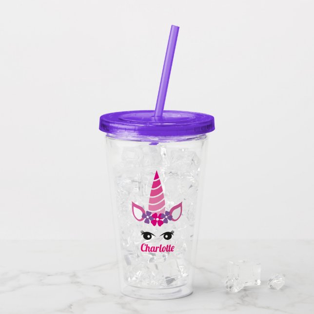 Vaso Acrílico Unicorn Cute Pink Purple Girly Añadir nombre (Reverso (hielo))