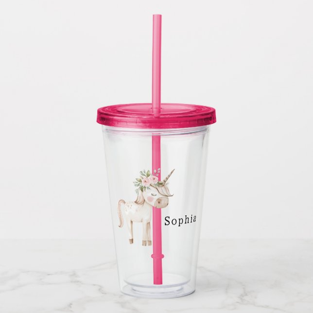 Vaso Acrílico Unicornio Floral Rosa (Anverso)