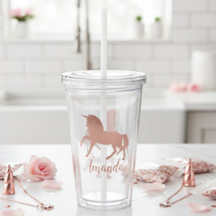 Vaso Acrílico Unicornio Personalizado Rosa Oro Bonito para Chica