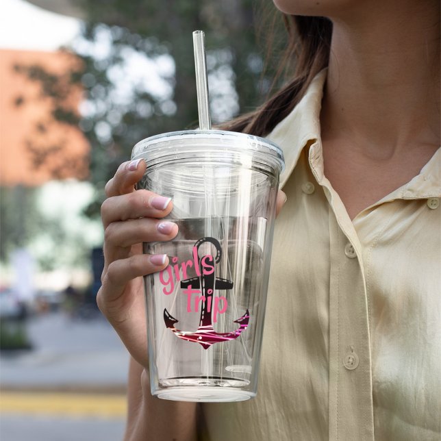 Vaso Acrílico Viaje de Chicas con Ancla Rosa Monogramada con Fec (Subido por el creador)