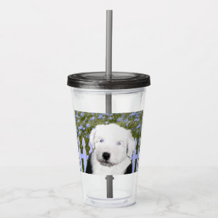 Vaso Acrílico Viejo perro pastor inglés con pintura de cachorros