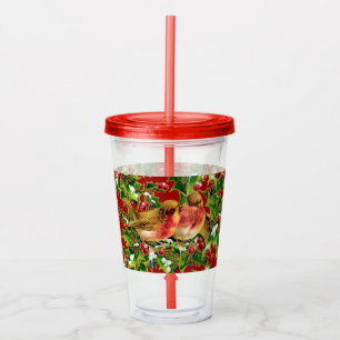 Vaso Acrílico Vintage Christmas Birds Holly Faux Gold Pattern