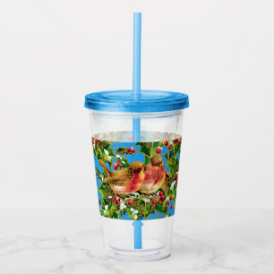 Vaso Acrílico Vintage Christmas Birds Holly Faux Gold Pattern