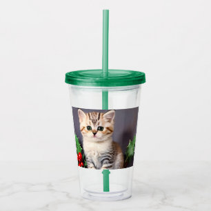 Vaso Acrílico Vintage Christmas Kitten and Holly