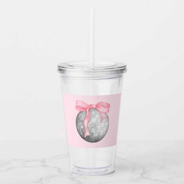 Vaso Acrílico Watercolor Pink Bow Silver Disco Ball (Anverso)