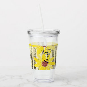 Vaso Acrílico Watercolor Sunflowers Stripes Monogramado Nombre A