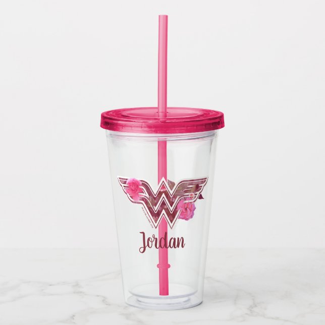 Vaso Acrílico Wonder Woman Pink Camellia Flowers Logo (Anverso)