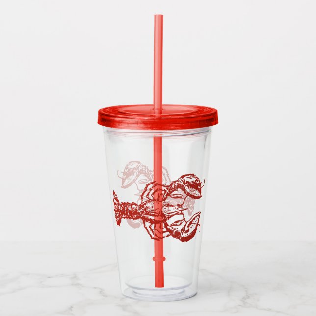Vaso Acrílico Woodcut de bogavante de vintage, rojo (Anverso)