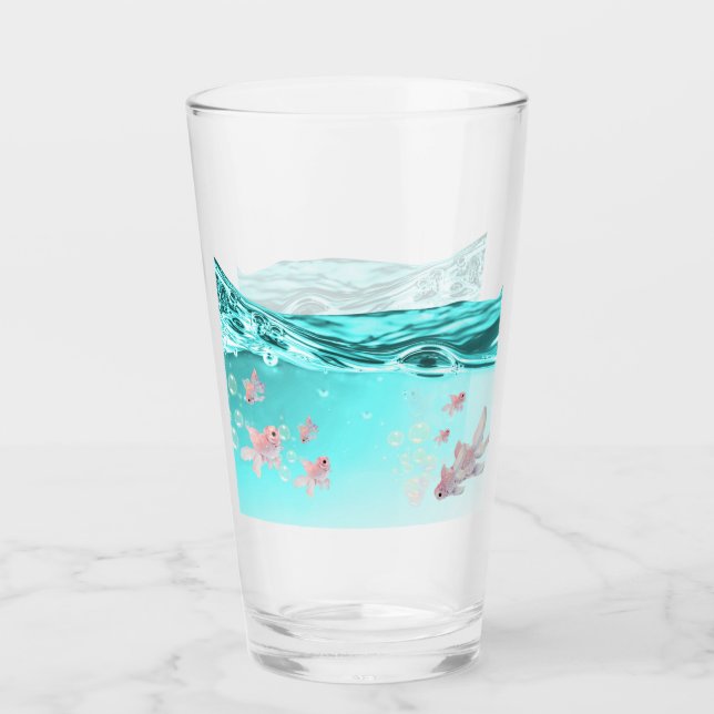 vaso  con agua azul  y peces (Anverso)