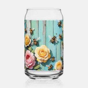 Vaso Con Forma De Lata Abejas Ocupadas con Rosas Rosadas y Amarillas en u