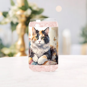 Vaso Con Forma De Lata Acuarela caprichosa Calico Cat y mariposas