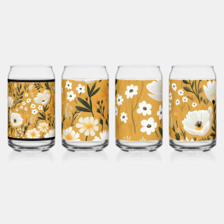 Vaso Con Forma De Lata Amarillo Mostaza y Floral Botánico Blanco