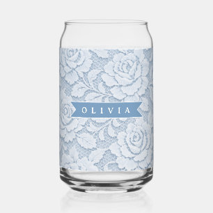 Vaso Con Forma De Lata Azul Personalizado de Encaje Floral Elegante Román