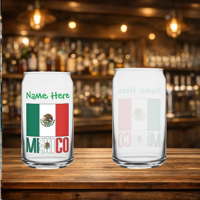 Vaso Con Forma De Lata Bandera de México personalizada (Personalized can glass has Mexican Flag and MEXICO in flag colors. Add a name above. Design on front)