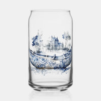 Barco de estilo Delft azul y blanco con escena en