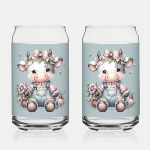 Vaso Con Forma De Lata Bebé Vaca Pastel Adorable con Overoles y Flores