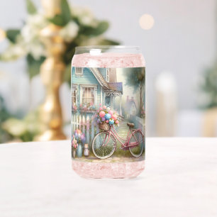 Vaso Con Forma De Lata Bici de Flor Rosa en la Puerta de la Cabaña Azul