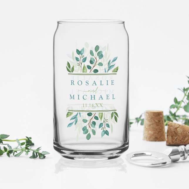 Vaso Con Forma De Lata Boda de Verdes Botánicos (Botanical Greenery Can Glass With Custom Name and Date )