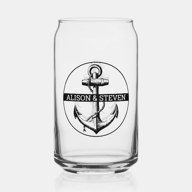 Vaso Con Forma De Lata Boda náutico de nombre y ancla negra (Anverso)
