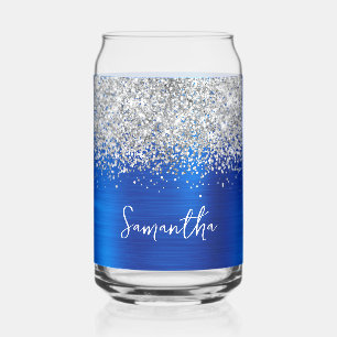 Vaso Con Forma De Lata Brillo de Plata Azul Real Glam Nombre