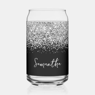 Vaso Con Forma De Lata Brillo Plateado Glam en Negro
