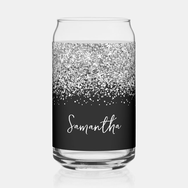 Vaso Con Forma De Lata Brillo Plateado Glam en Negro (Anverso)