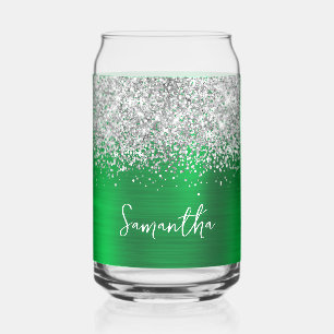 Vaso Con Forma De Lata Brillo Plateado Verde Brillante Glam Nombre