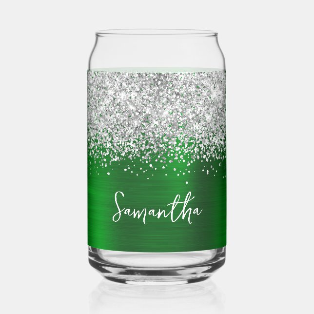 Vaso Con Forma De Lata Brillo Plateado Verde Glam Nombre (Anverso)