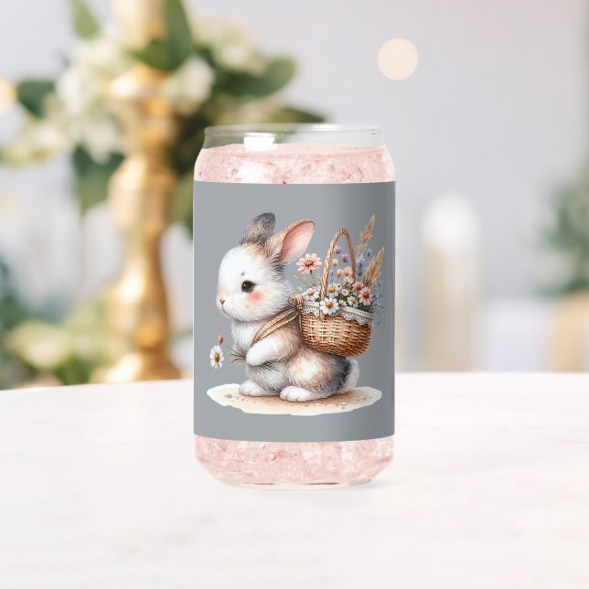 Vaso Con Forma De Lata Bunny lindo con flores acuarela arte (Insitu (Boda))
