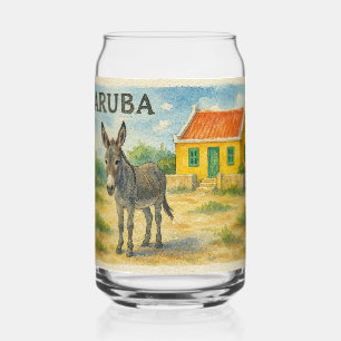 Vaso Con Forma De Lata Burro de Aruba con casa cunucu amarilla acuarela
