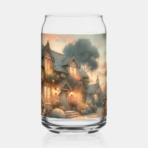 Vaso Con Forma De Lata Cabaña de cuento de hadas al atardecer con Rosas