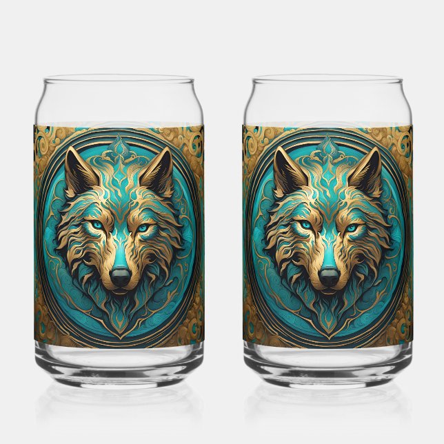 Vaso Con Forma De Lata Cabeza de lobo de oro y turquesa (Anverso)