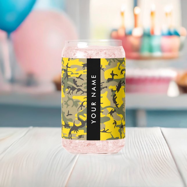 Vaso Con Forma De Lata Camuflaje amarillo y verde Tu nombre Personaliza (Insitu (Baby Shower))