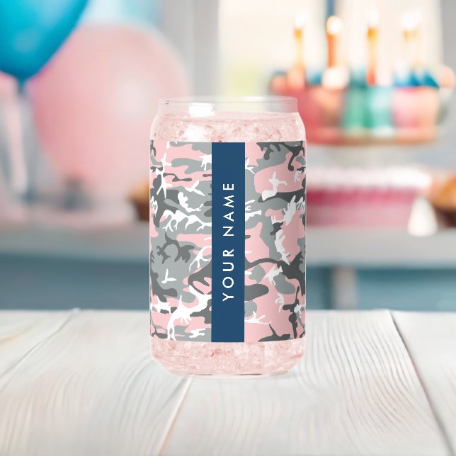 Vaso Con Forma De Lata Camuflaje rosa y gris Tu nombre Personaliza (Insitu (Baby Shower))